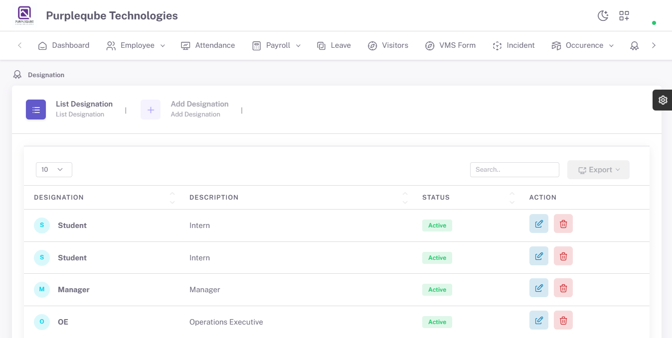 Designation list page showing all existing designation records